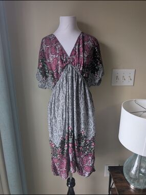 Xhilaration Burgundy Black & White Paisley Floral Midi Dress Boho Vacation